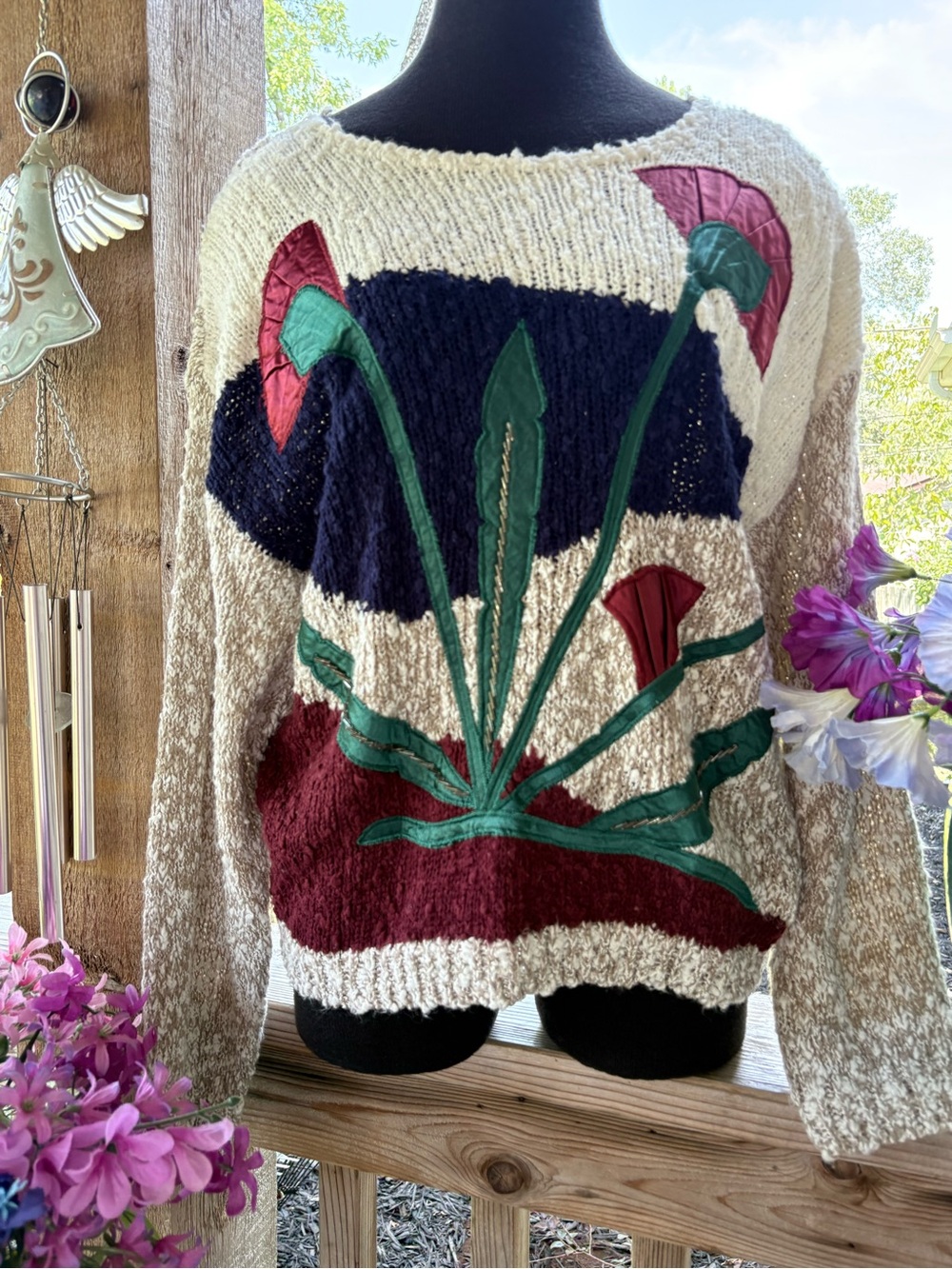Vintage 80’s Colleen’s Collectibles Oatmeal Nubbly Floral Satin Appliqué Sweater